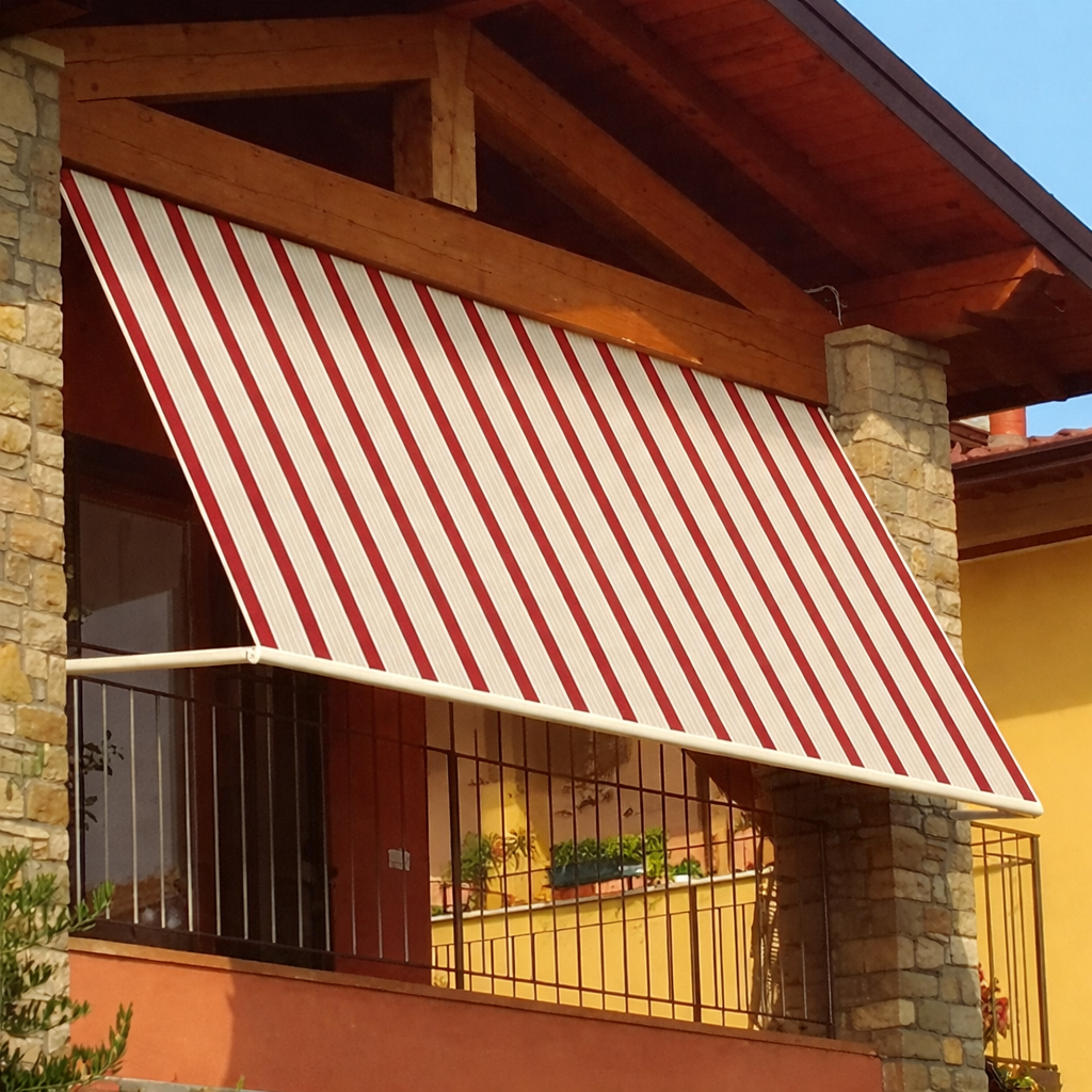 Store de balcon pare-soleil tombant 300x250 cm rayé bordeaux et crème avec profilés en aluminium 