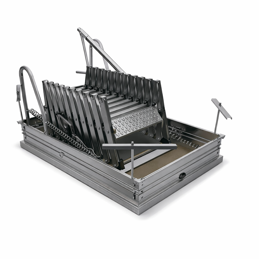 Scala a pantografo retrattile in acciaio con botola in legno 11 gradini H300 cm