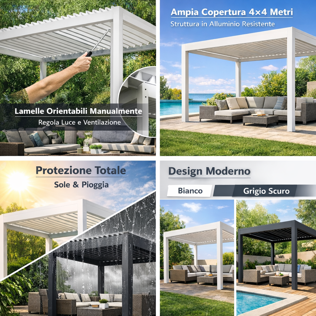 Pergola bioclimatica 4x4 in alluminio bianco con copertura a lamelle frangisole orientabili