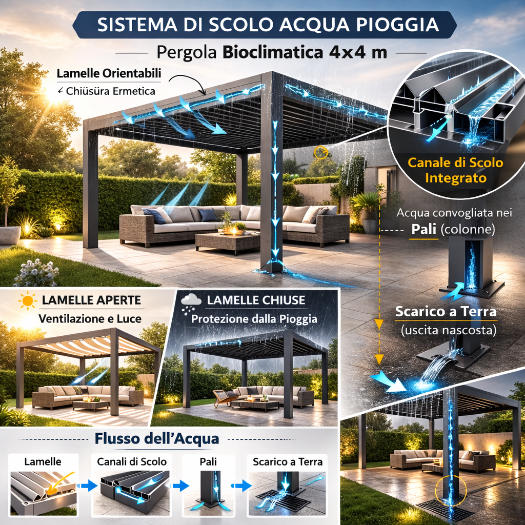 Pergola bioclimatica 4x4 in alluminio bianco con copertura a lamelle frangisole orientabili