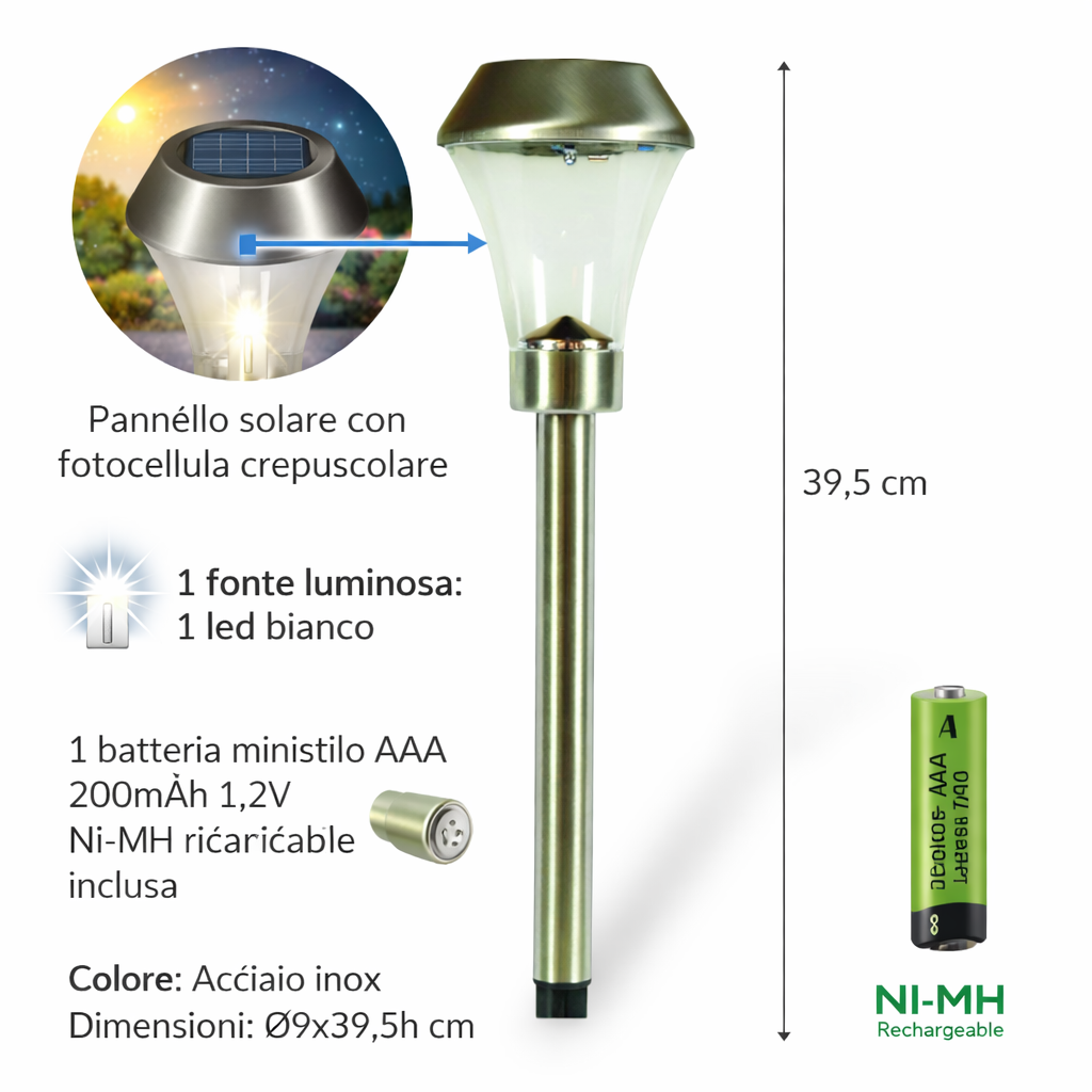 Lampe Solaire Polluce en Acier Inoxydable - ø cm.9x39,5h.