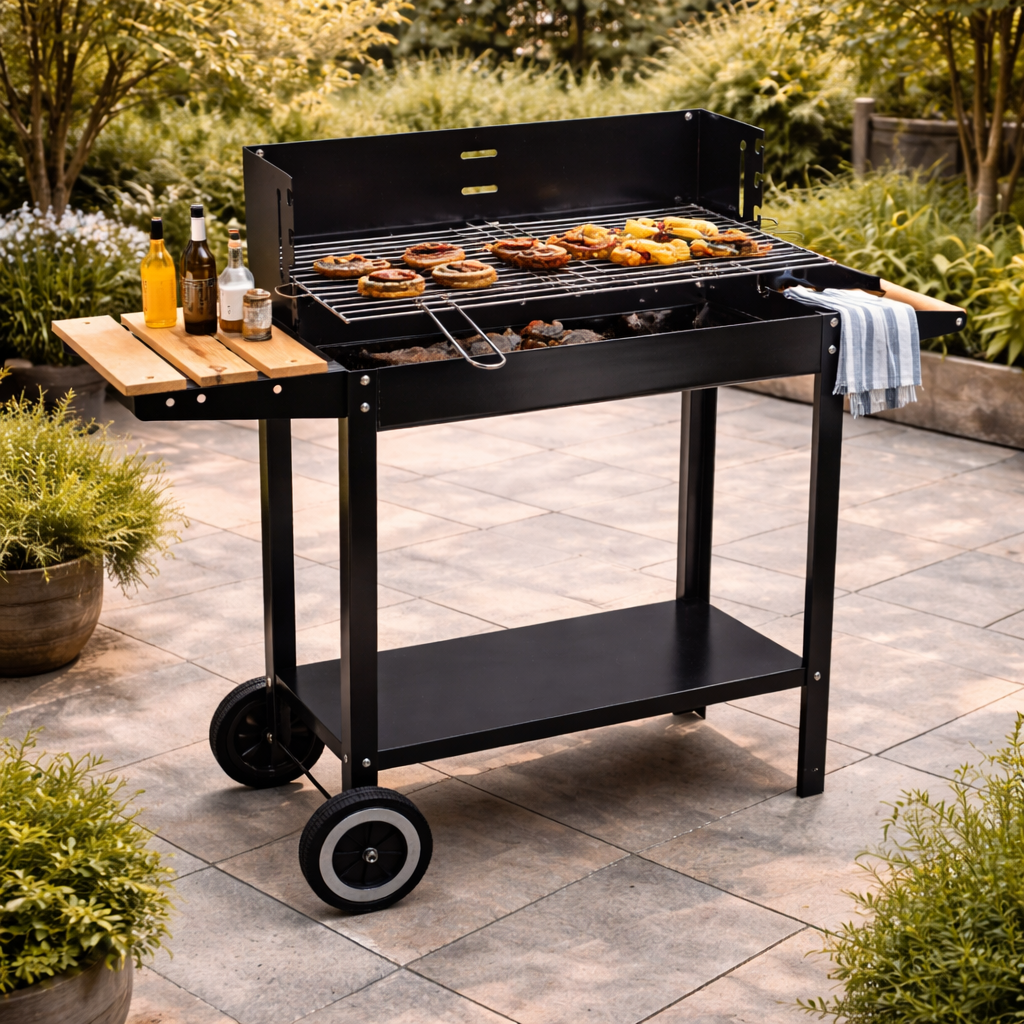 Barbecue a carbone in acciaio con ripiano laterale in legno 85,2x36xH82,7 cm