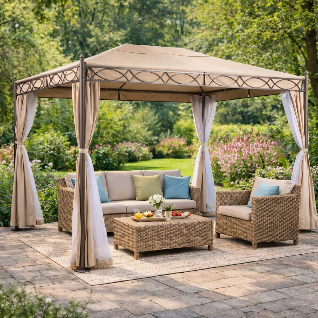 Gazebo extérieur 3x4 m en acier et polyester avec moustiquaire périmétrique Joseline