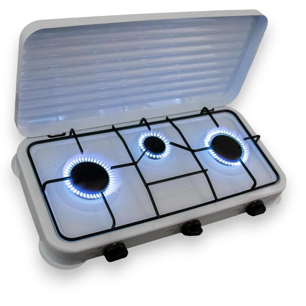Réchaud à gaz 3 feux avec couvercle pour camping 57x33xH10 cm