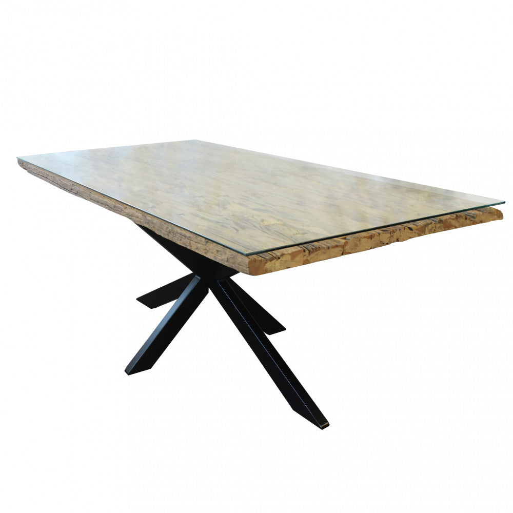 Tavolo da pranzo 200x100 cm design moderno gambe intrecciate con piano in legno e vetro Albin