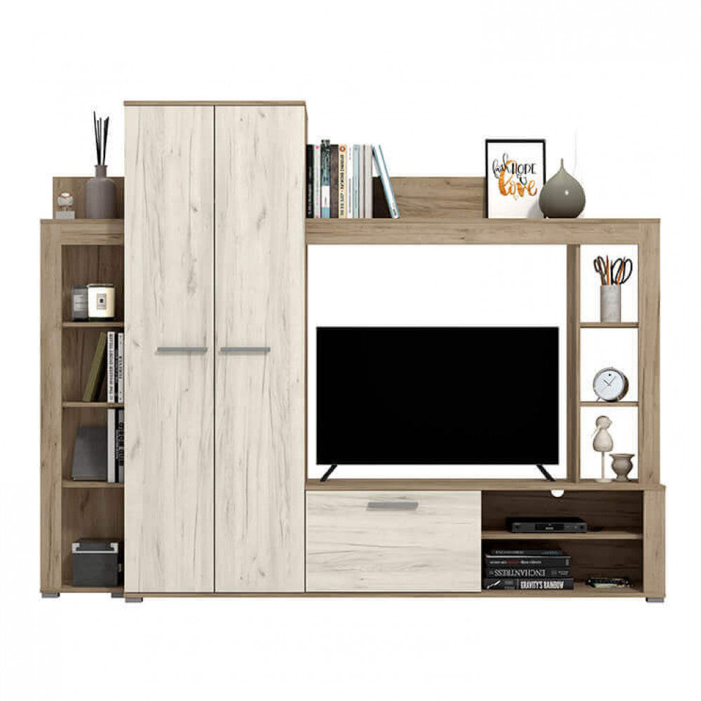 Meuble TV mural de salon en bois avec compartiment pour cintres et 9 étagères Manny