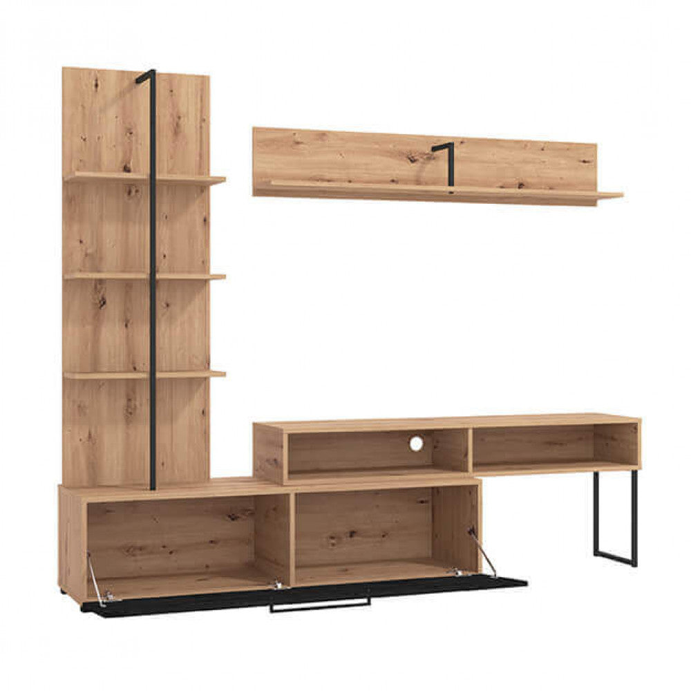 Meuble TV mural de séjour avec 10 étagères, 1 grande porte pliante et étagère suspendue Paul