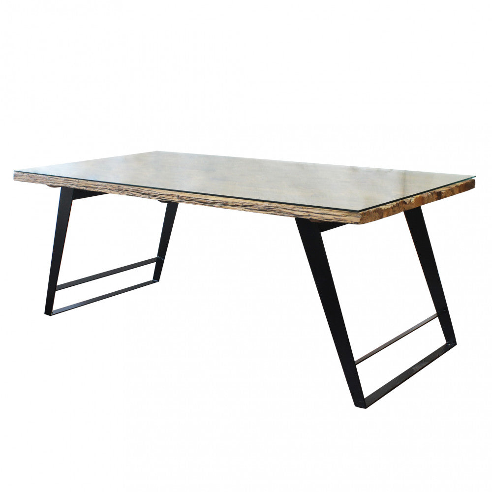Tavolo con struttura in metallo e piano in legno con vetro temperato per interno 100x200xH77 cm