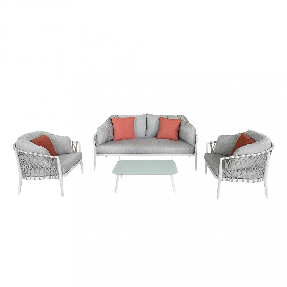 Salotto da giardino struttura in alluminio rivestita in corda pvc con cuscini