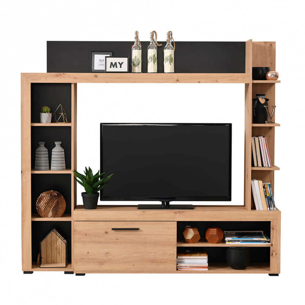 Élément mural TV de salon en bois avec 10 étagères et 1 porte abattante Jessy