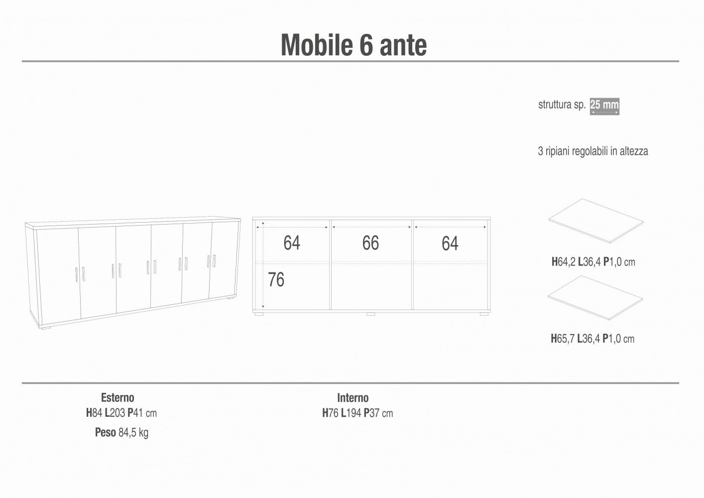 Adb806Osnsk Armoire 6 portes Kit oxyde blanc et noyer Stelvio