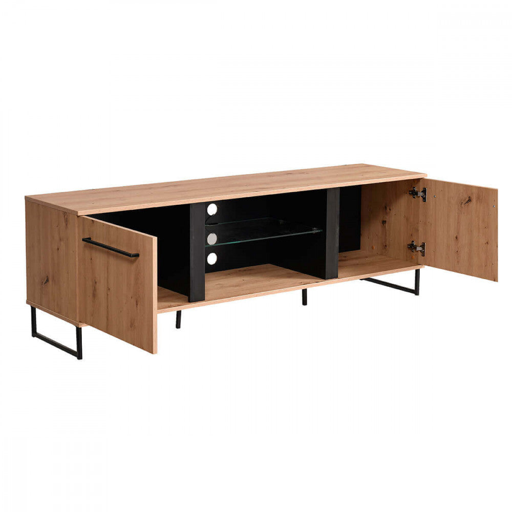 Meuble TV de salon en bois et métal avec 2 étagères et 2 portes