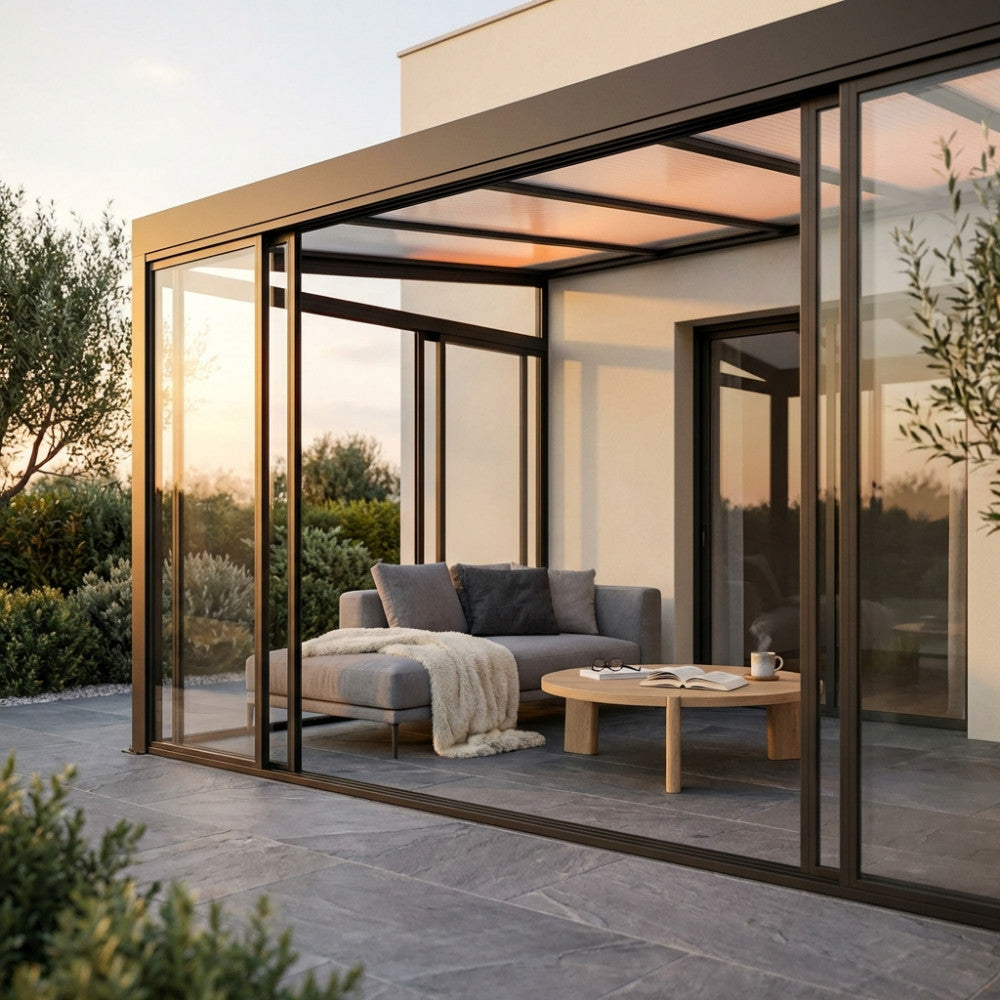 Pergola veranda addossata in alluminio 4.3x3 mt con copertura in policarbonato per esterno