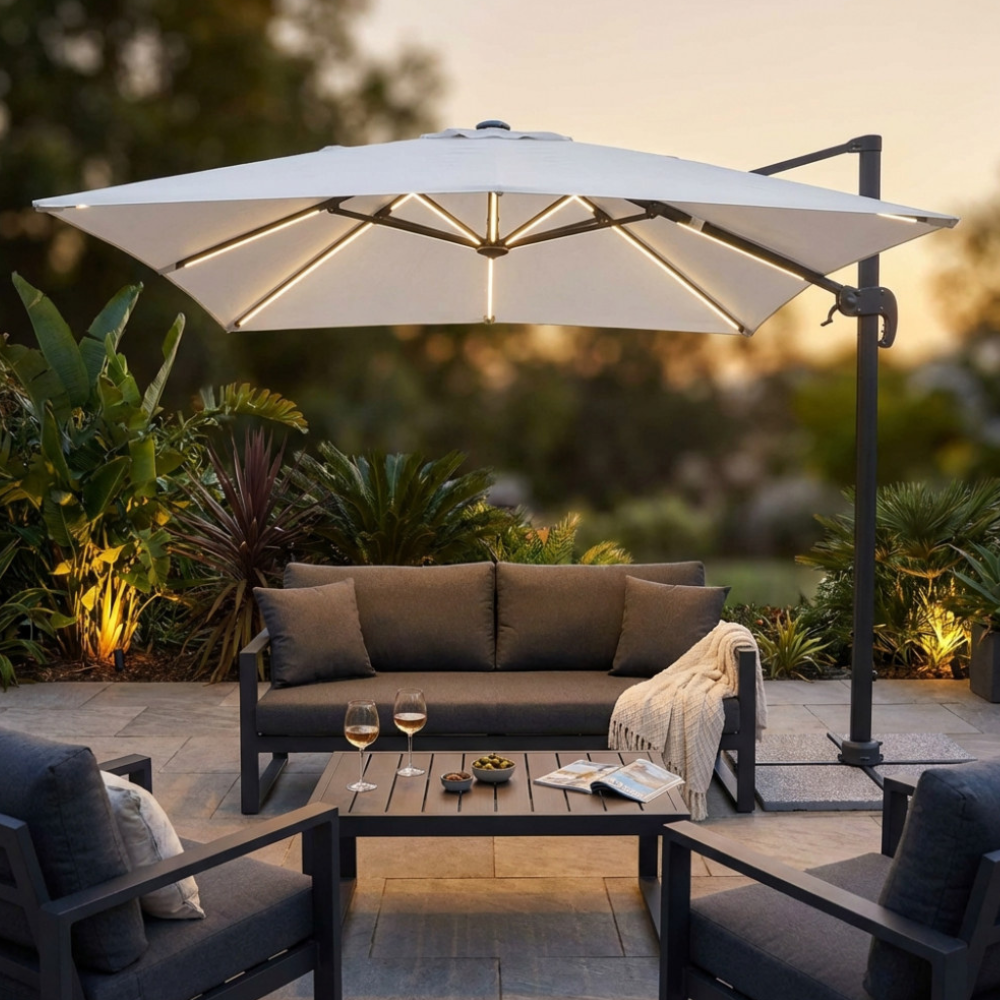 Parasol 3x4 m avec structure en aluminium et panneau solaire avec lumières LED Lumus