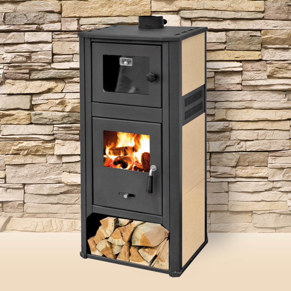 Poêle à bois avec four et plaque de cuisson 12 Kw en acier 49x46x116 cm beige