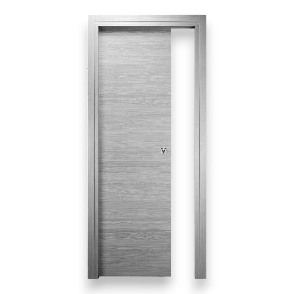 Porte coulissante intérieure réversible en bois de sapin avec renforts de serrure gris 