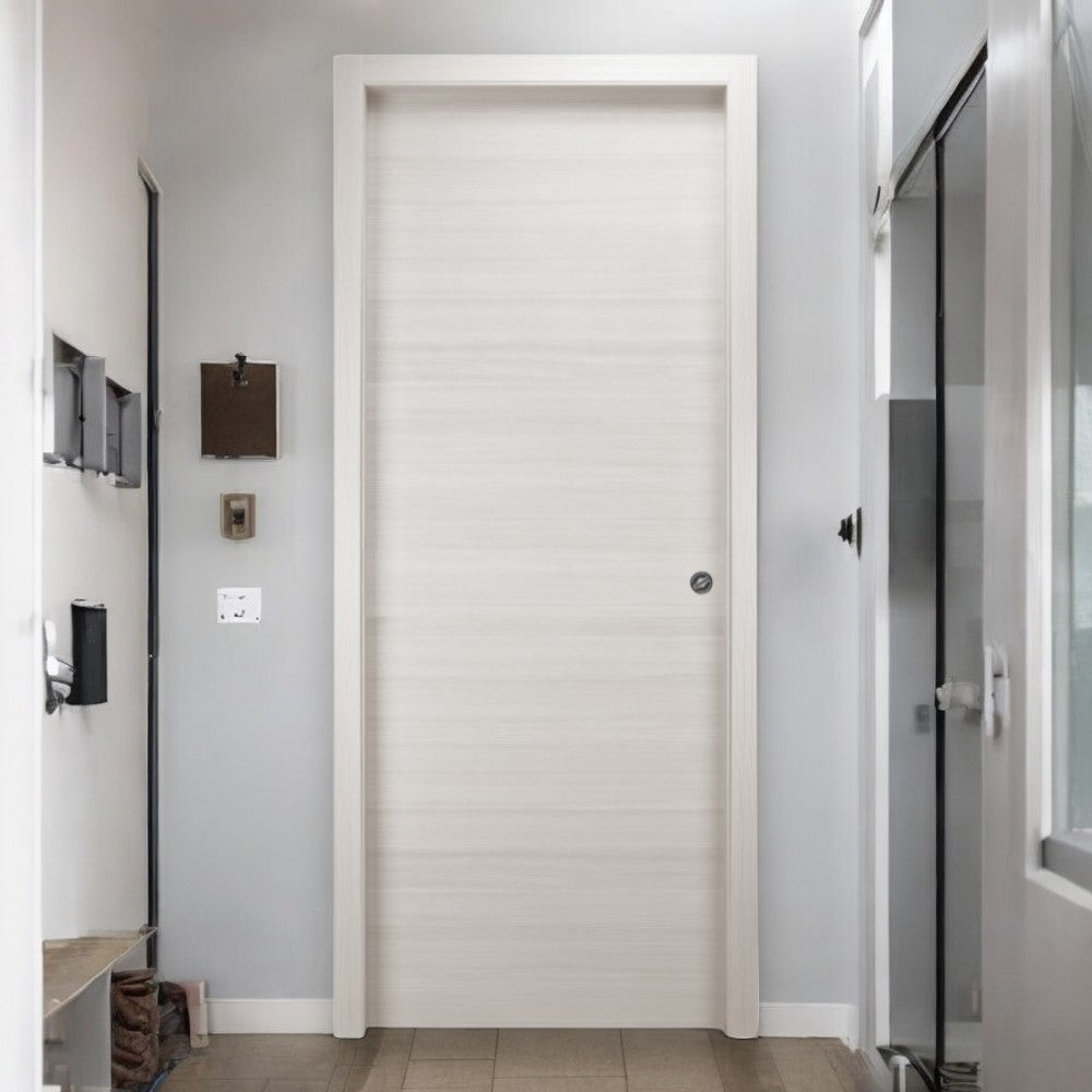 Porte coulissante réversible beige en bois de sapin jointé avec renforts de serrure
