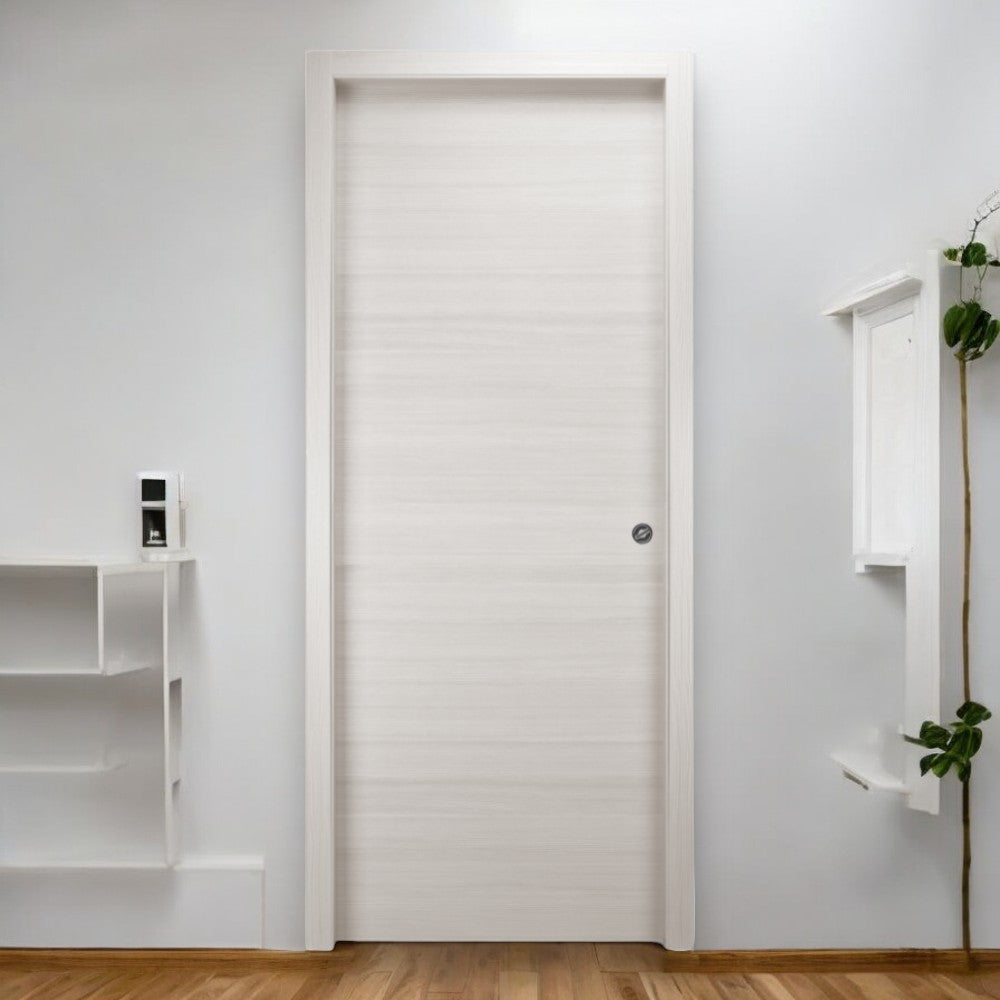 Porte coulissante réversible beige en bois de sapin jointé avec renforts de serrure