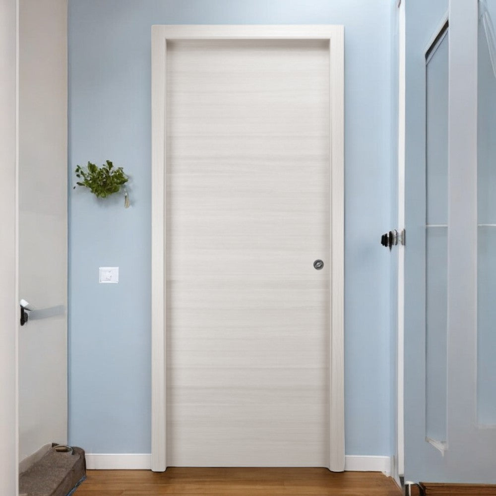 Porte coulissante réversible beige en bois de sapin jointé avec renforts de serrure
