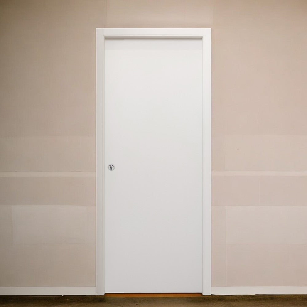 Porte coulissante intérieure réversible en bois de sapin jointé blanc effet lisse