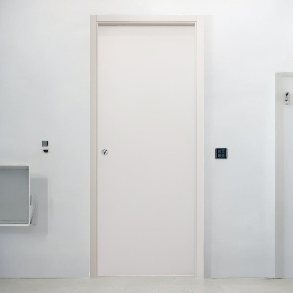Porte coulissante intérieure réversible en bois de sapin jointé blanc effet lisse