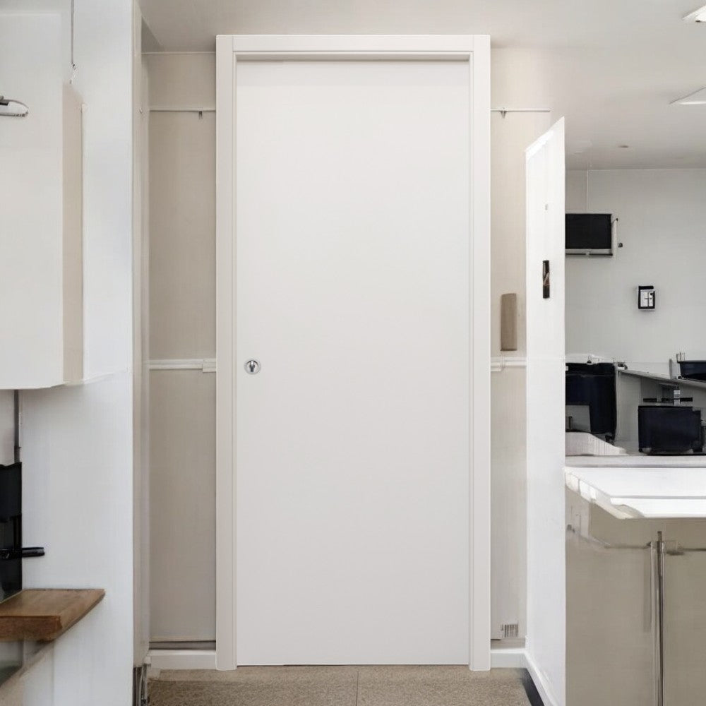 Porte coulissante intérieure réversible en bois de sapin jointé blanc effet lisse
