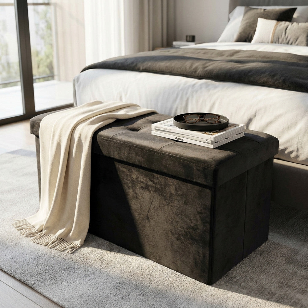 Pouf de rangement rectangulaire en velours noir