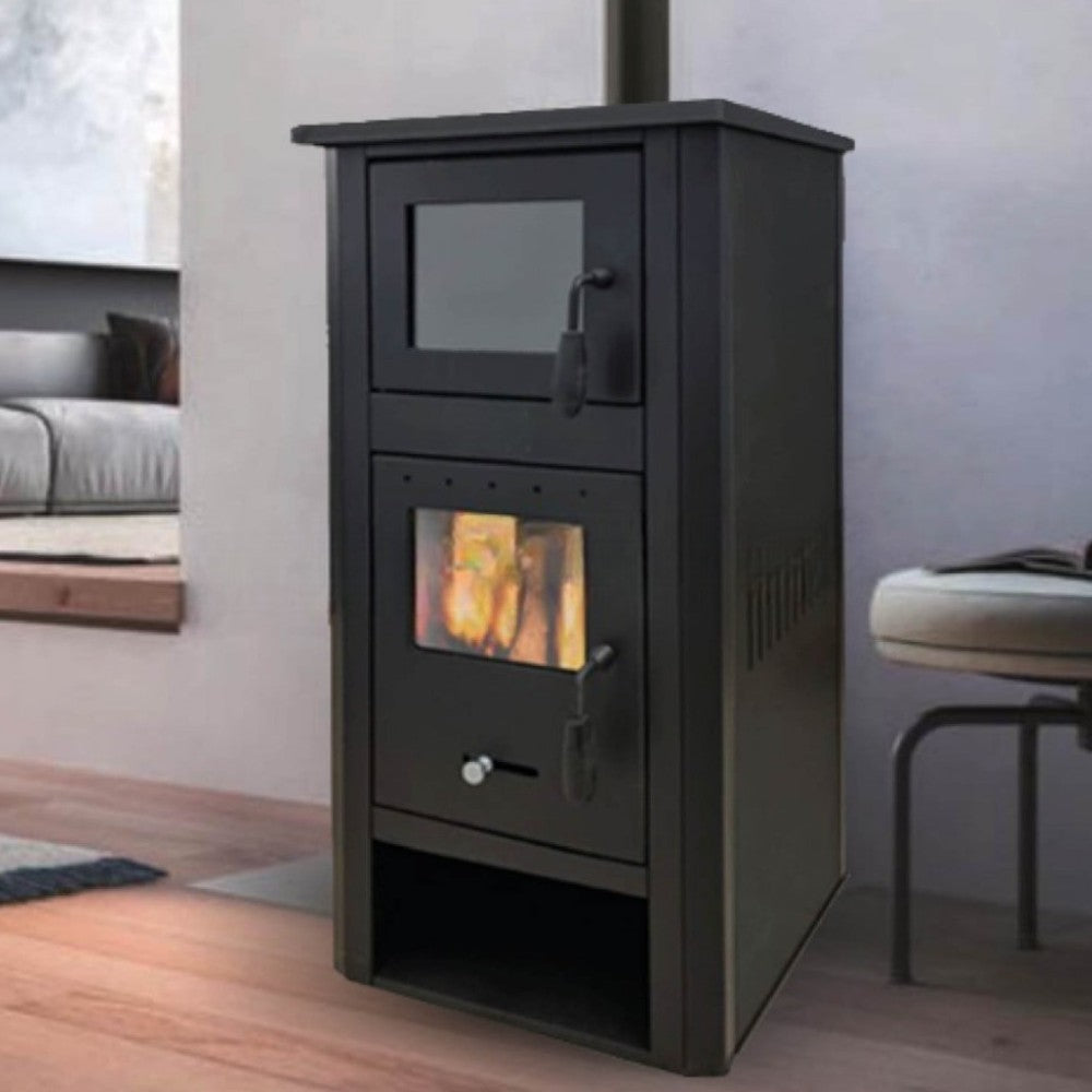 Poêle à bois avec sortie d'échappement et chambre de combustion 13 kw