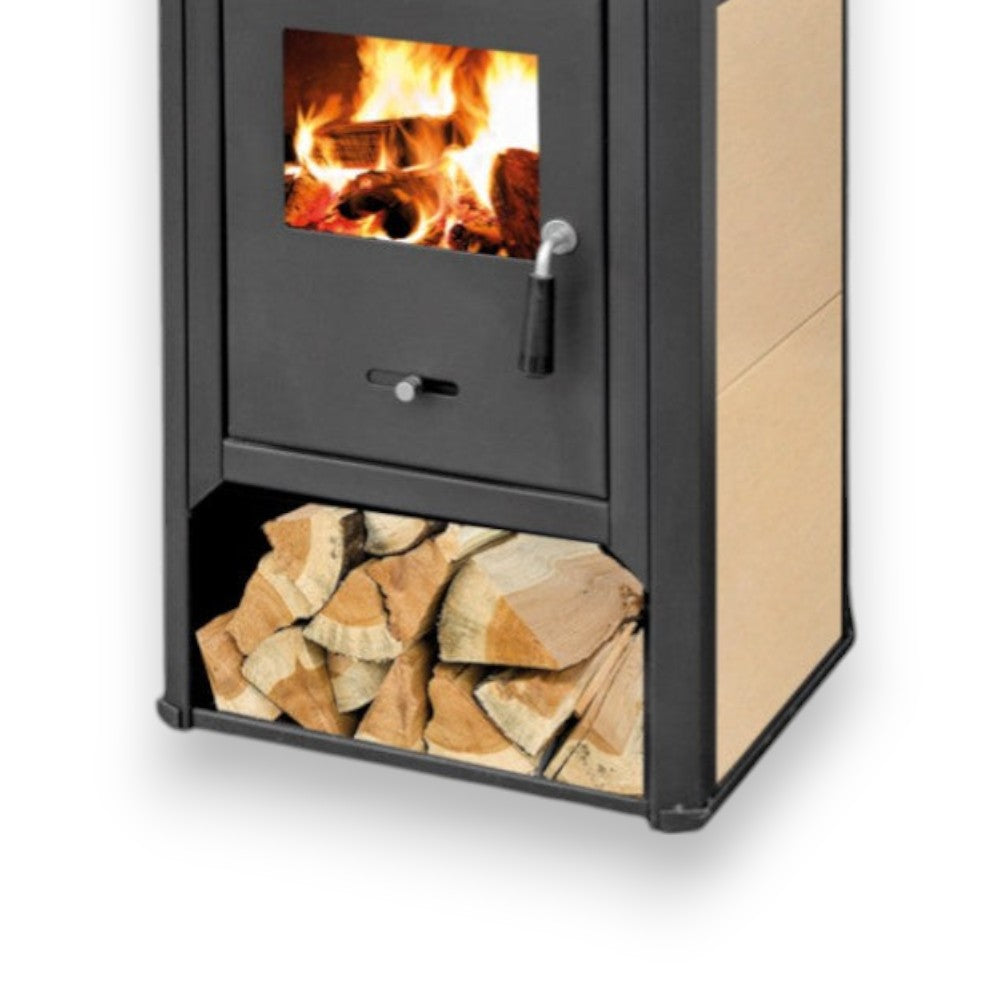 Poêle à bois avec four et plaque de cuisson 12 Kw en acier 49x46x116 cm beige