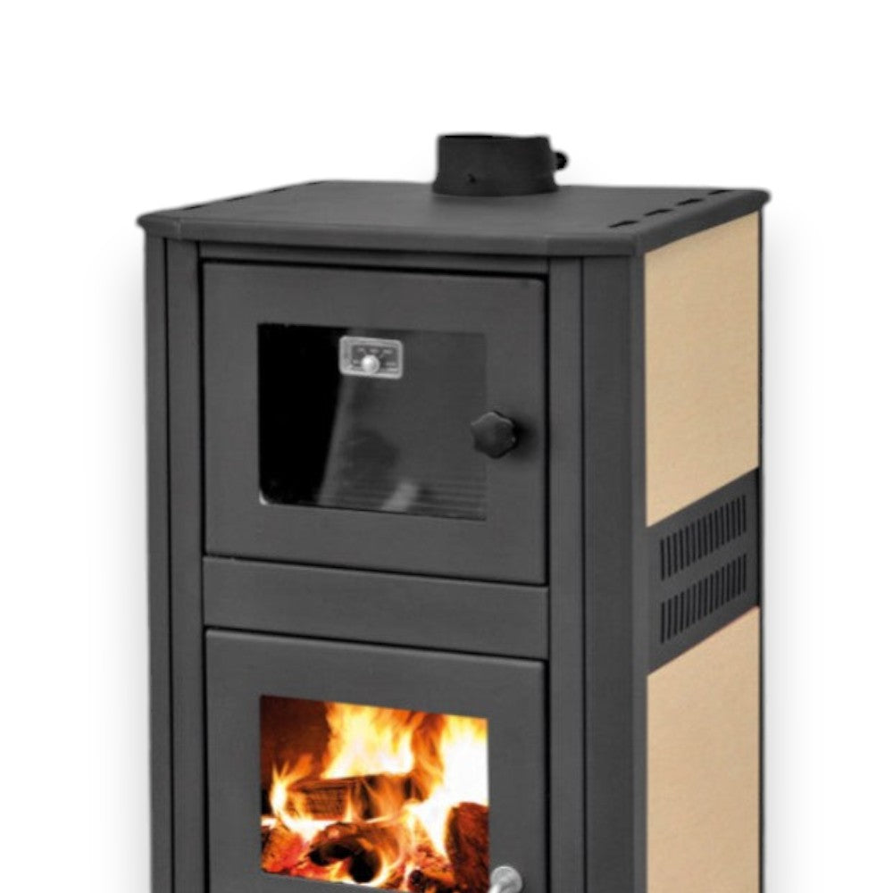 Poêle à bois avec four et plaque de cuisson 12 Kw en acier 49x46x116 cm beige