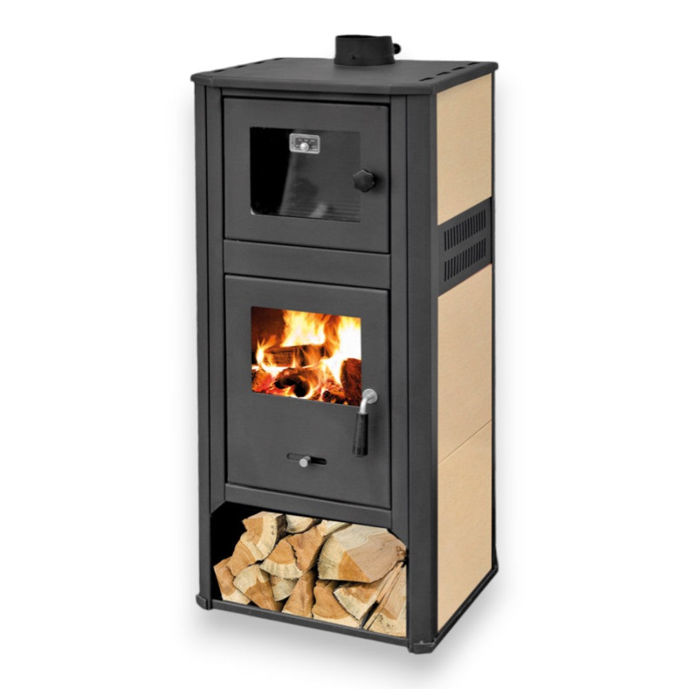 Poêle à bois avec four et plaque de cuisson 12 Kw en acier 49x46x116 cm beige