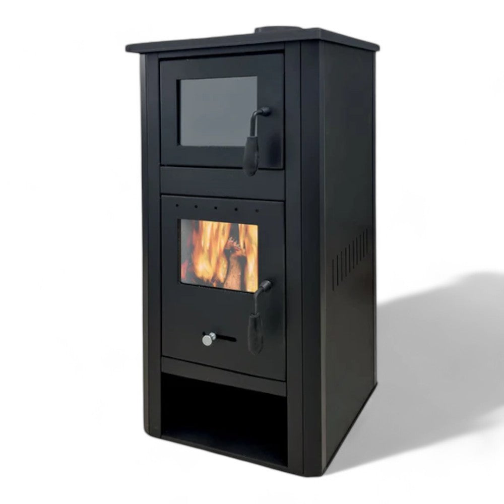 Poêle à bois avec sortie d'échappement et chambre de combustion 13 kw