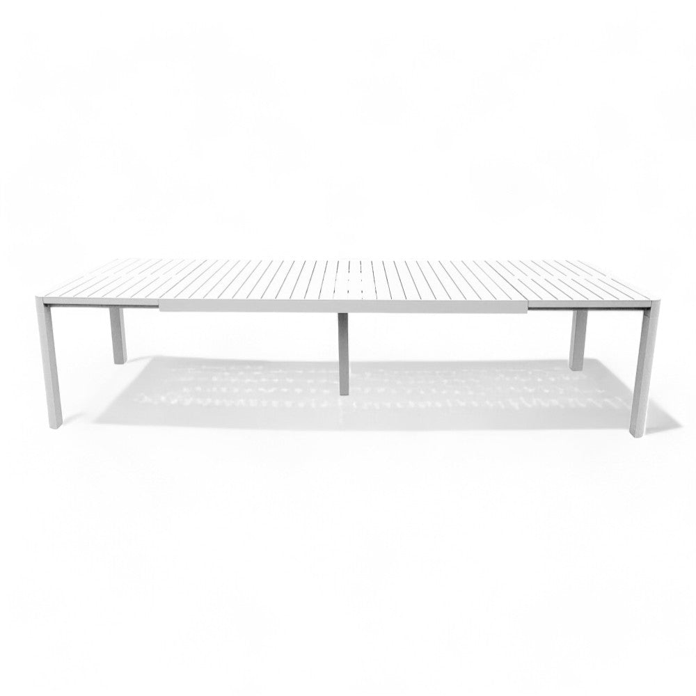 Table de jardin extérieur extensible blanc anthracite avec plateau effet lattes Dylan