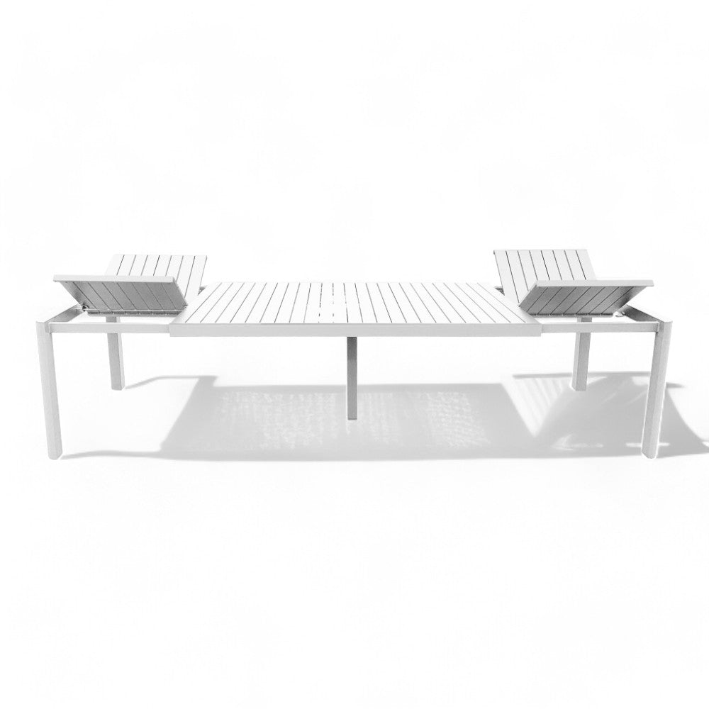 Table de jardin extérieur extensible blanc anthracite avec plateau effet lattes Dylan