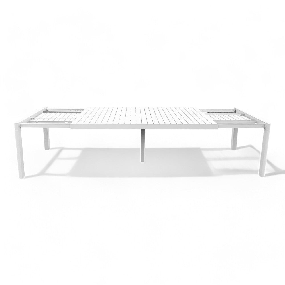 Table de jardin extérieur extensible blanc anthracite avec plateau effet lattes Dylan