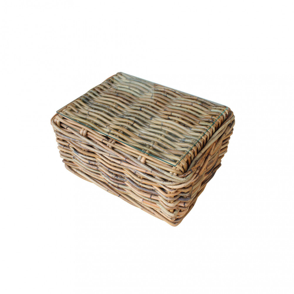 Tavolino in legno e big rattan con vetro 38x78x56 cm per salotto esterno
