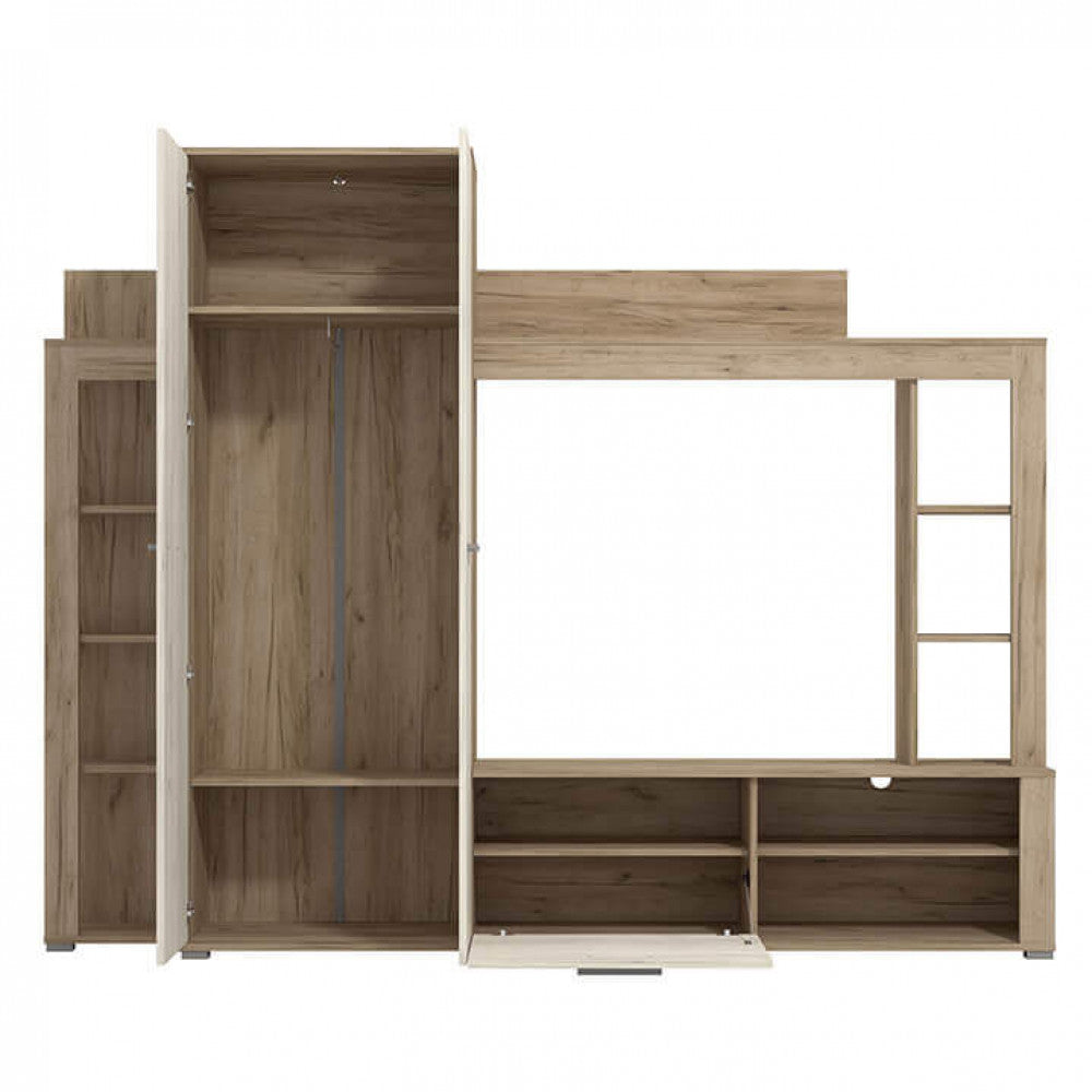Meuble TV mural de salon en bois avec compartiment pour cintres et 9 étagères Manny