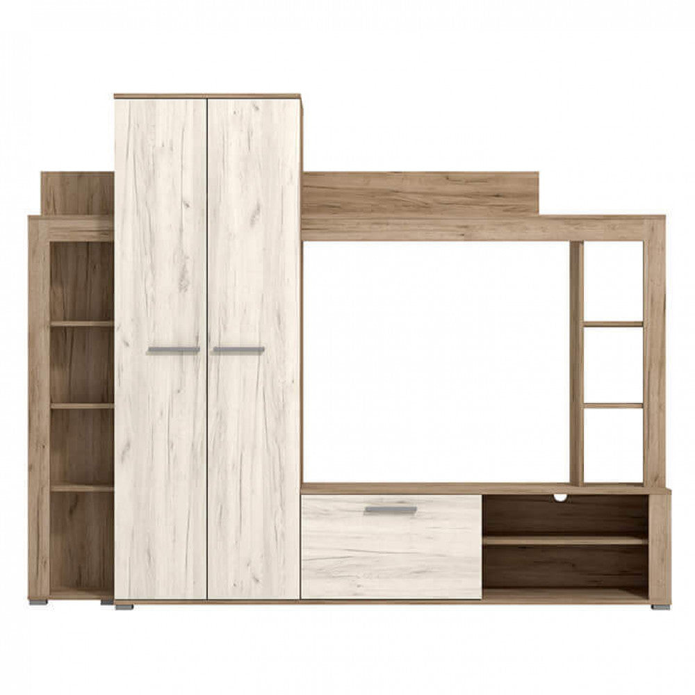 Meuble TV mural de salon en bois avec compartiment pour cintres et 9 étagères Manny