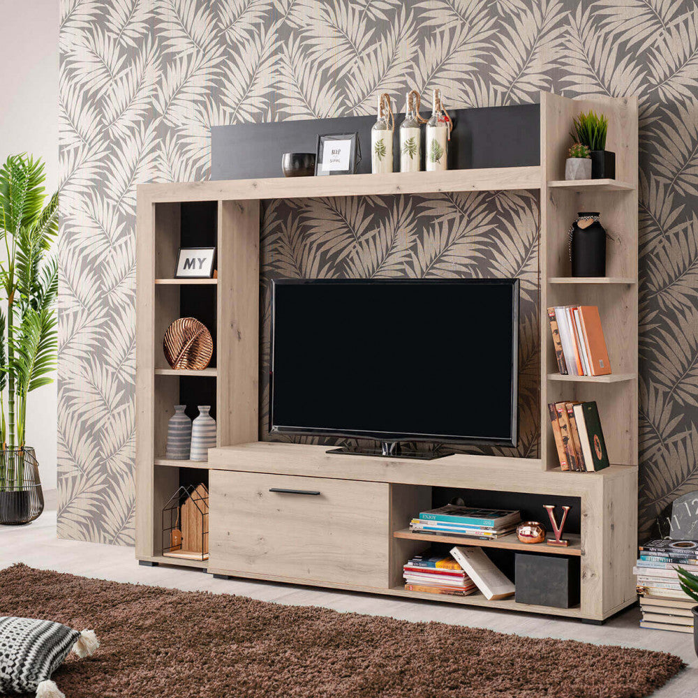 Élément mural TV de salon en bois avec 10 étagères et 1 porte abattante Jessy