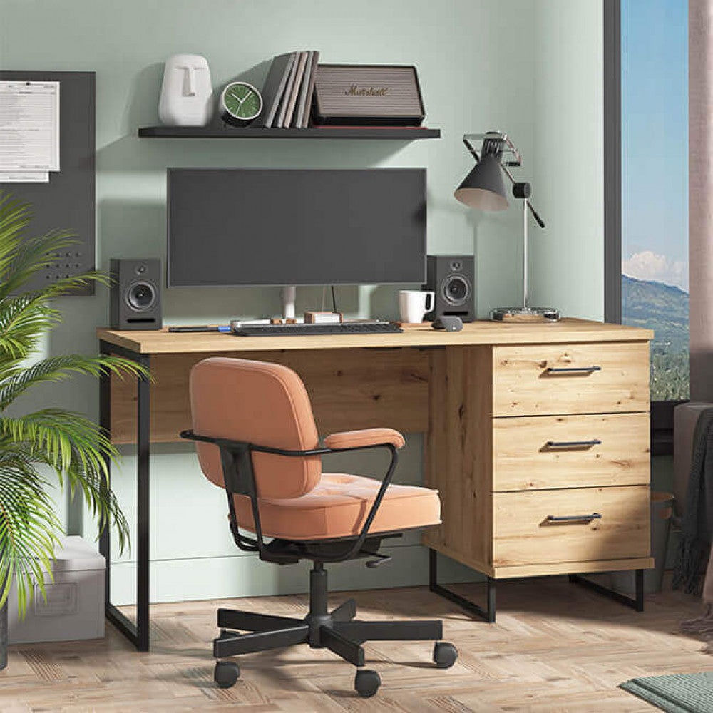 Bureau PC 140x60 cm en bois et métal avec 3 tiroirs Iron Desk