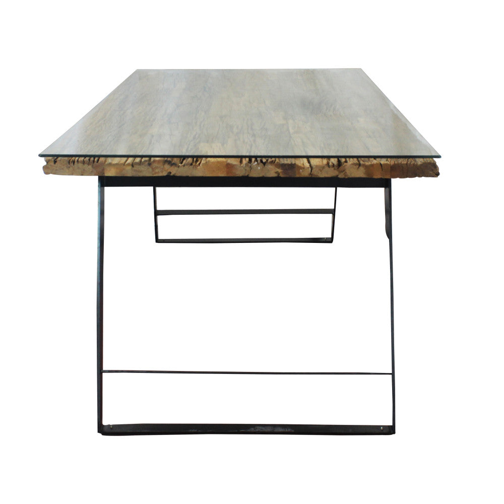 Tavolo con struttura in metallo e piano in legno con vetro temperato per interno 100x200xH77 cm