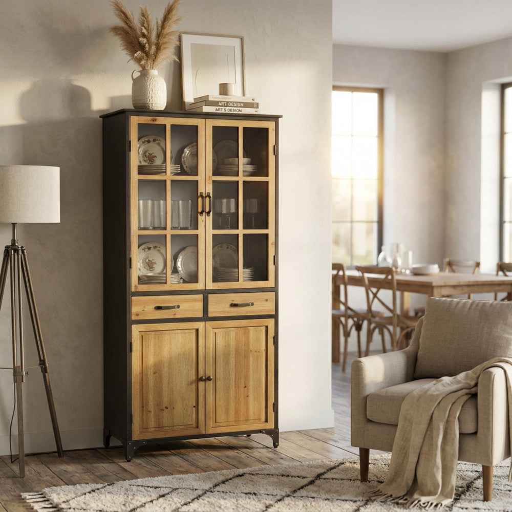 Mobile credenza in legno e acciaio con ante e ripiani per organizzazione 78,5x41,5xH175 cm