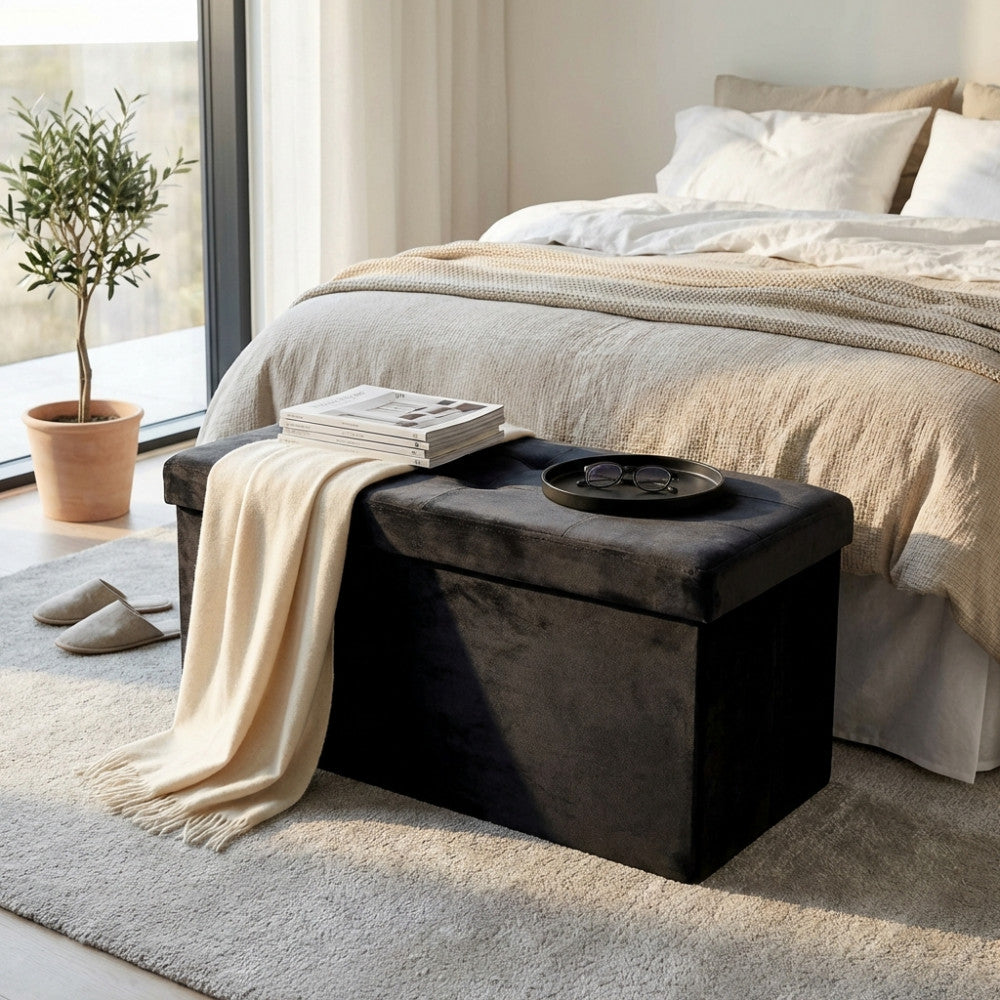 Pouf de rangement rectangulaire en velours noir