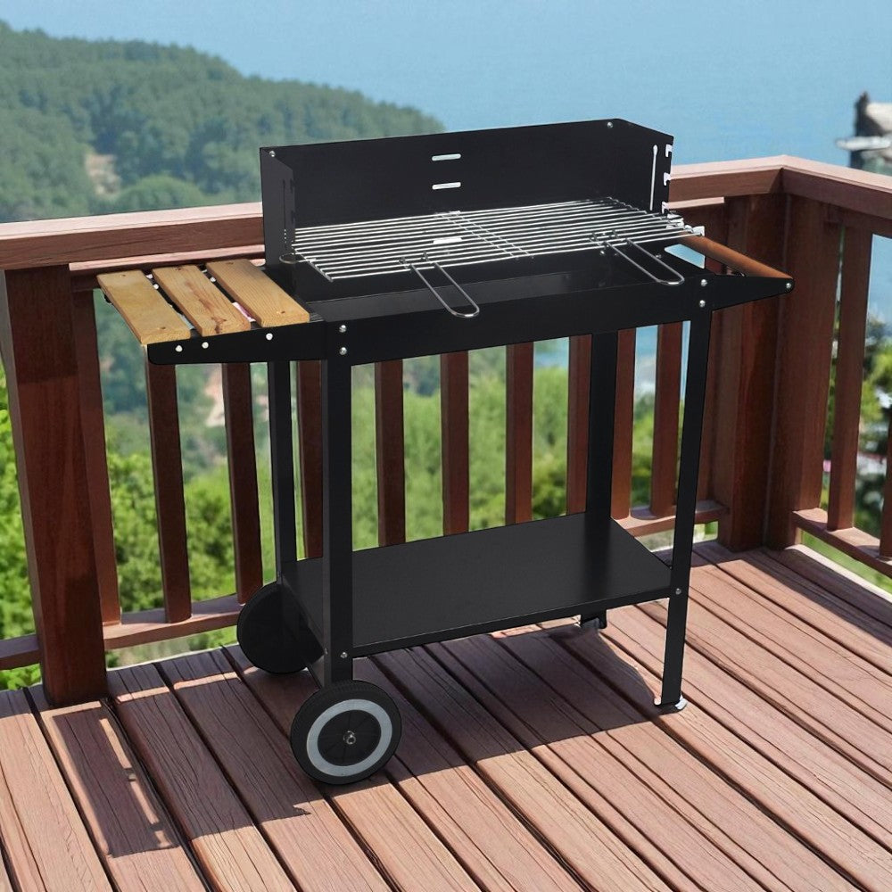 Barbecue a carbone in acciaio con ripiano laterale in legno 85,2x36xH82,7 cm