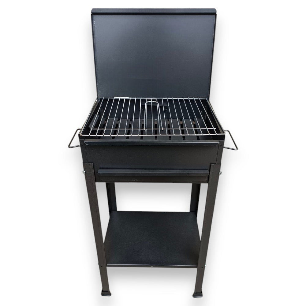 Barbecue a carbone in acciaio nero con griglia cromata e cassetto ceneri estraibile