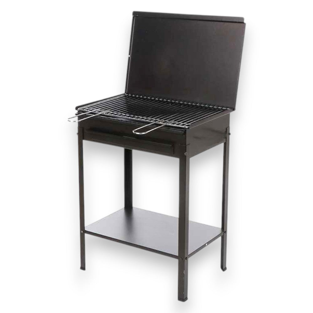 Barbecue a carbone in acciaio nero con griglia cromata e cassetto ceneri estraibile
