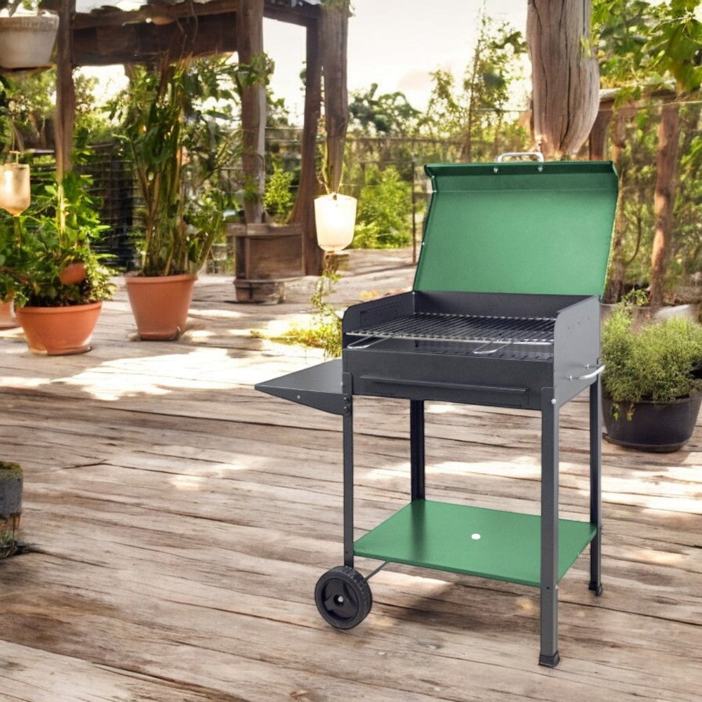 Barbecue a carbone in acciaio con ruote e cassetto ceneri estraibile