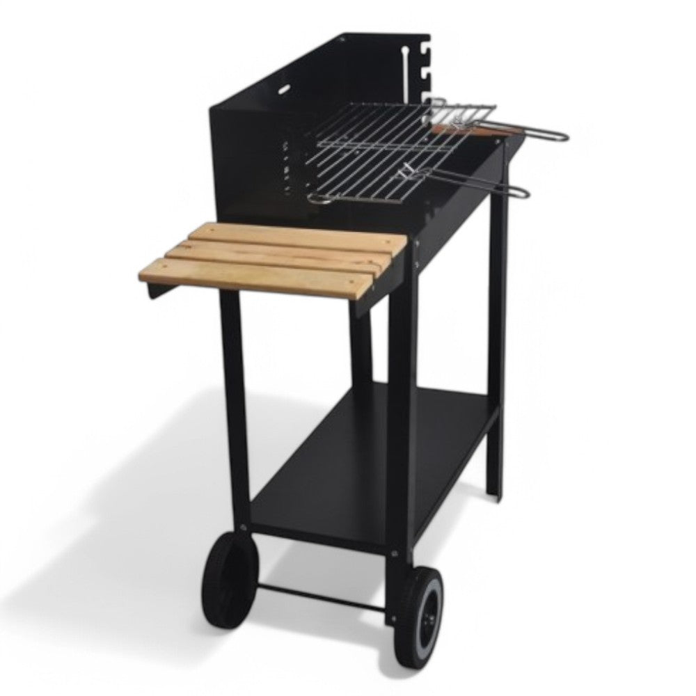 Barbecue a carbone in acciaio con ripiano laterale in legno 85,2x36xH82,7 cm