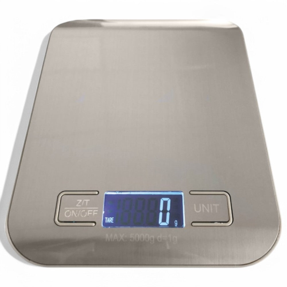 Bilancia digitale piana in acciaio inox con display LCD capacità 5 Kg