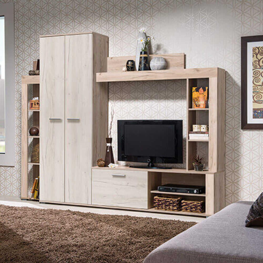Meuble TV mural de salon en bois avec compartiment pour cintres et 9 étagères Manny